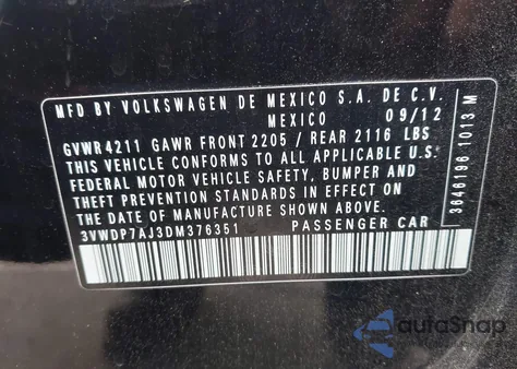 2013 Volkswagen Jetta Se from USA, damaged, VIN 3VWDP7AJ3DM376351